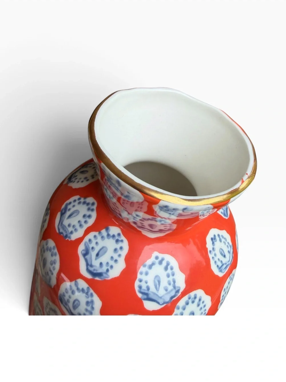 Anthropologie Elza Vase Hand Painted Gold Trim Orange Blue 7.5